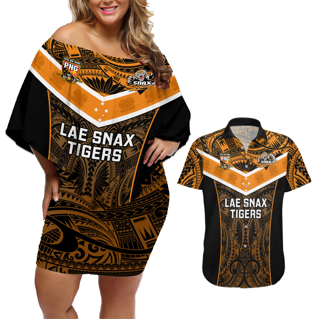 Papua New Guinea Rugby Couples Matching Off Shoulder Short Dress and Hawaiian Shirt Lae Snax Tigers PNG Polynesian Pattern LT14 Orange - Polynesian Pride