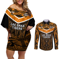 Papua New Guinea Rugby Couples Matching Off Shoulder Short Dress and Long Sleeve Button Shirts Lae Snax Tigers PNG Polynesian Pattern LT14 Orange - Polynesian Pride