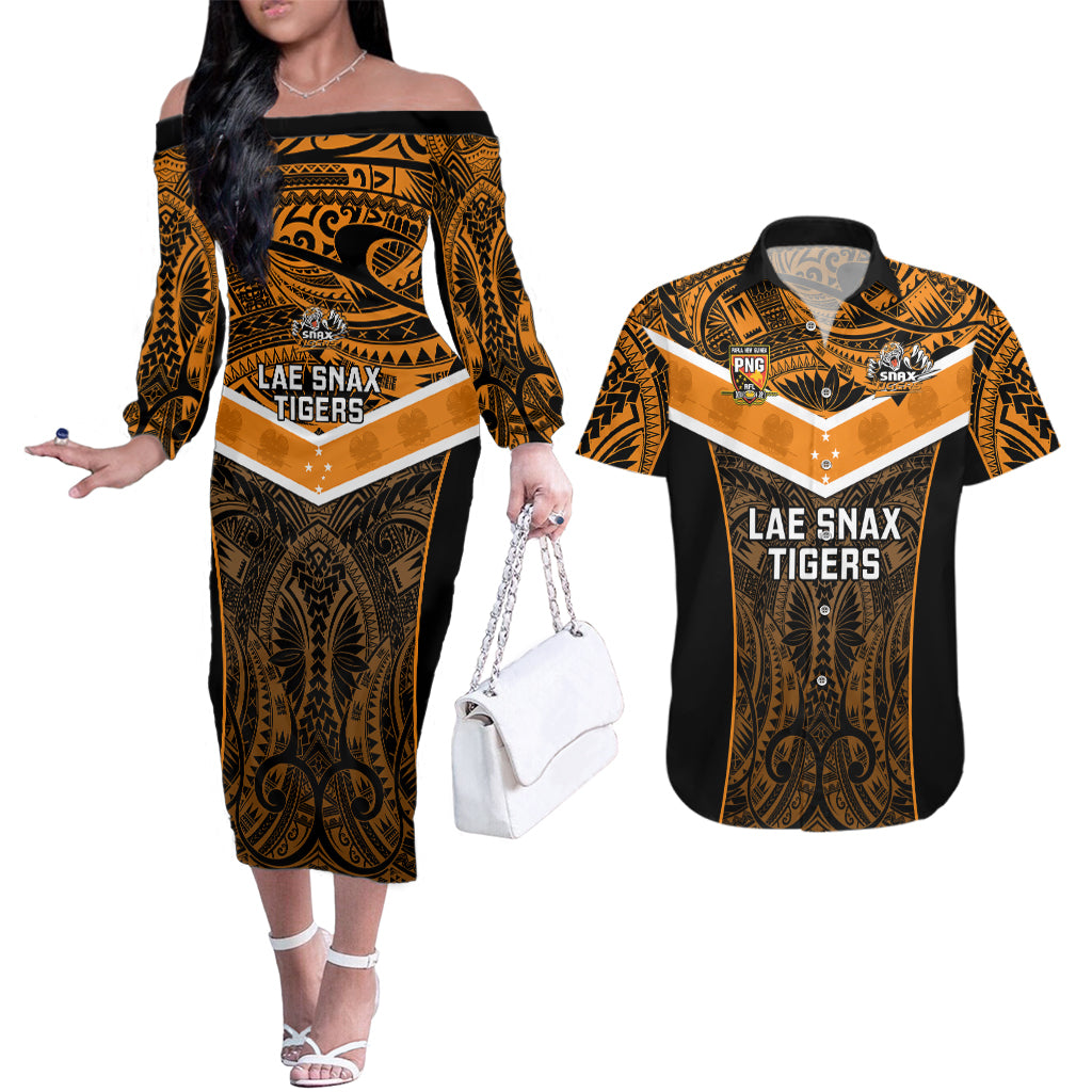 Papua New Guinea Rugby Couples Matching Off The Shoulder Long Sleeve Dress and Hawaiian Shirt Lae Snax Tigers PNG Polynesian Pattern LT14 Orange - Polynesian Pride