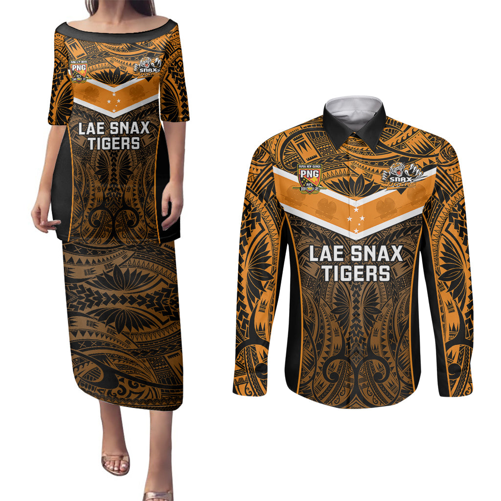 Papua New Guinea Rugby Couples Matching Puletasi Dress and Long Sleeve Button Shirts Lae Snax Tigers PNG Polynesian Pattern LT14 Orange - Polynesian Pride