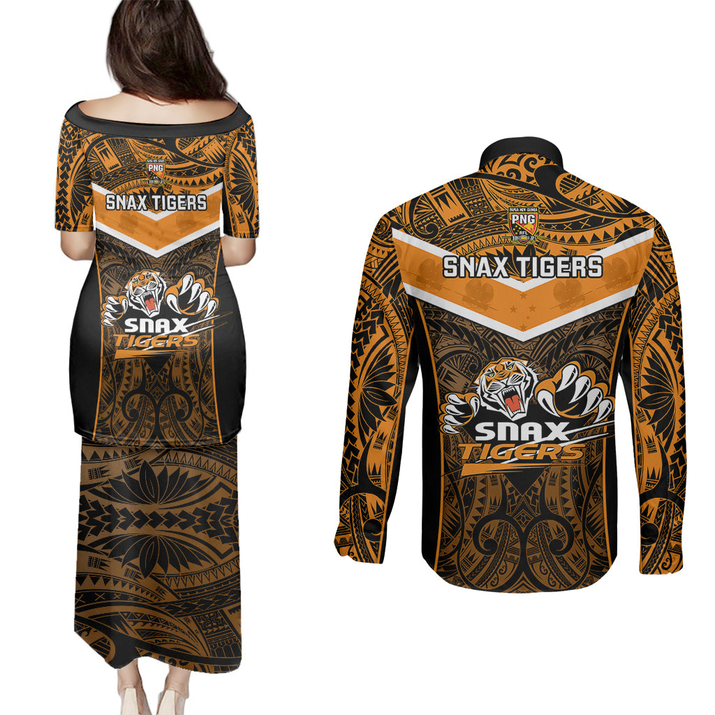 Papua New Guinea Rugby Couples Matching Puletasi Dress and Long Sleeve Button Shirts Lae Snax Tigers PNG Polynesian Pattern LT14 - Polynesian Pride