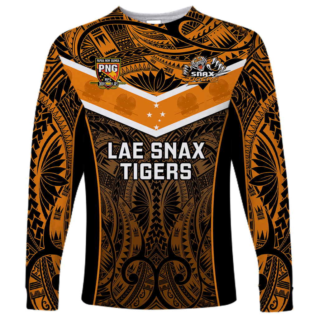 Papua New Guinea Rugby Long Sleeve Shirt Lae Snax Tigers PNG Polynesian Pattern LT14 Unisex Orange - Polynesian Pride