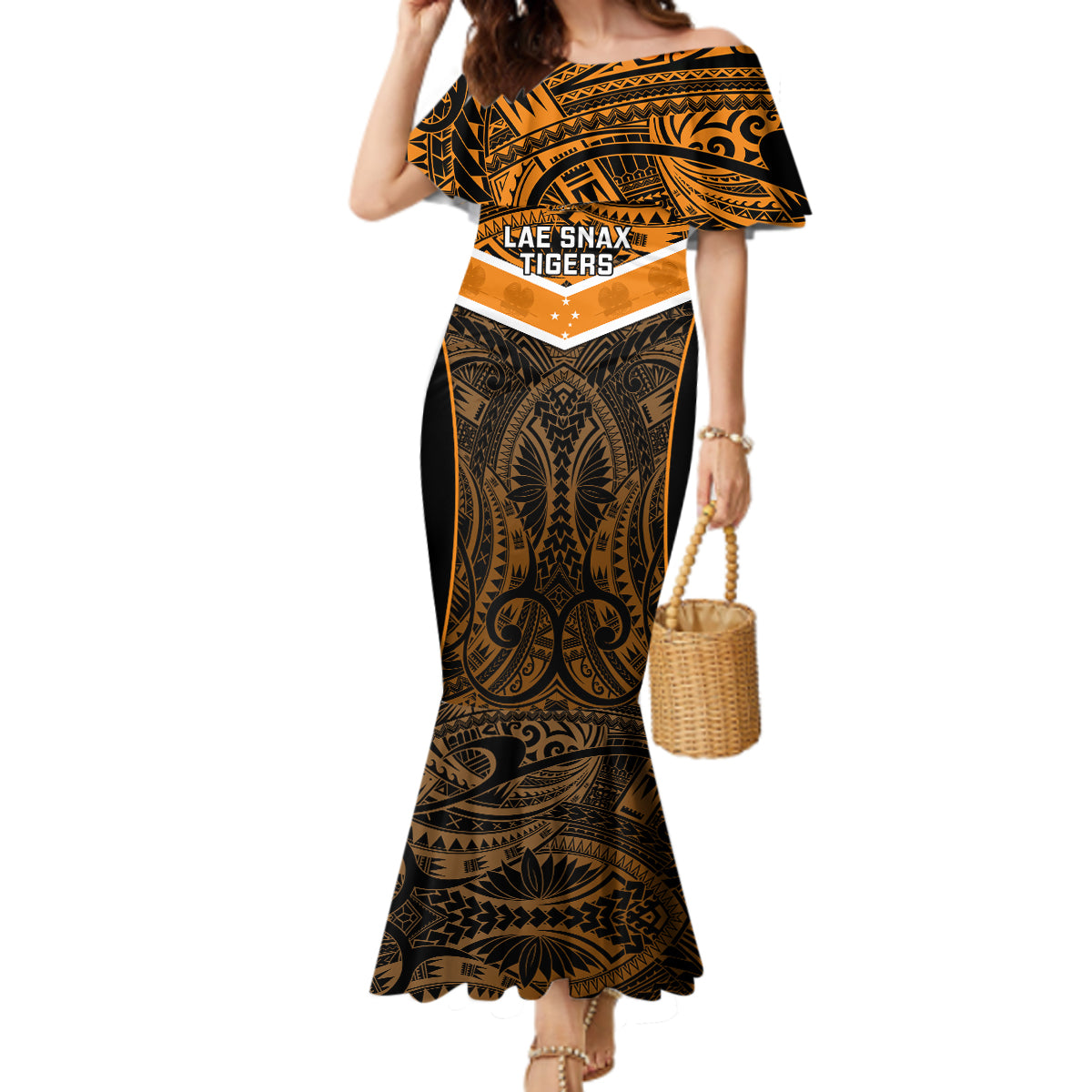 Papua New Guinea Rugby Mermaid Dress Lae Snax Tigers PNG Polynesian Pattern LT14 Women Orange - Polynesian Pride