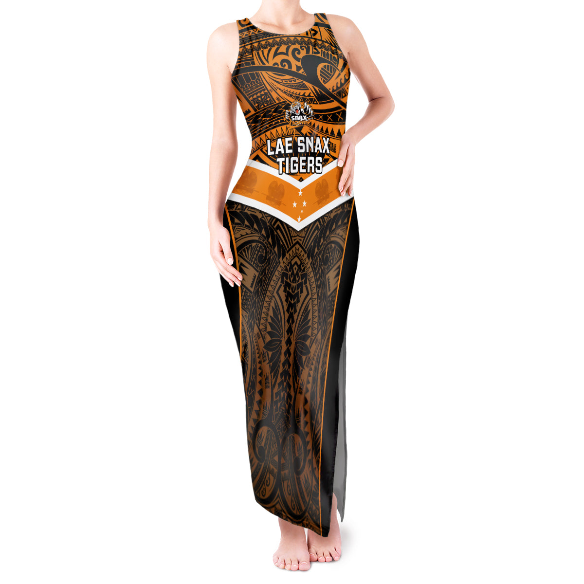 Papua New Guinea Rugby Tank Maxi Dress Lae Snax Tigers PNG Polynesian Pattern LT14 Women Orange - Polynesian Pride