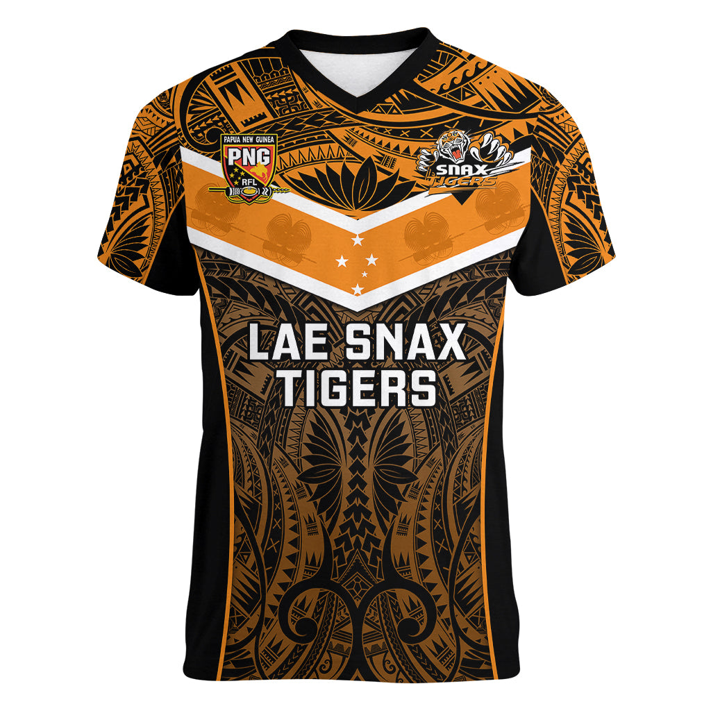 Papua New Guinea Rugby Women V Neck T Shirt Lae Snax Tigers PNG Polynesian Pattern LT14 Female Orange - Polynesian Pride