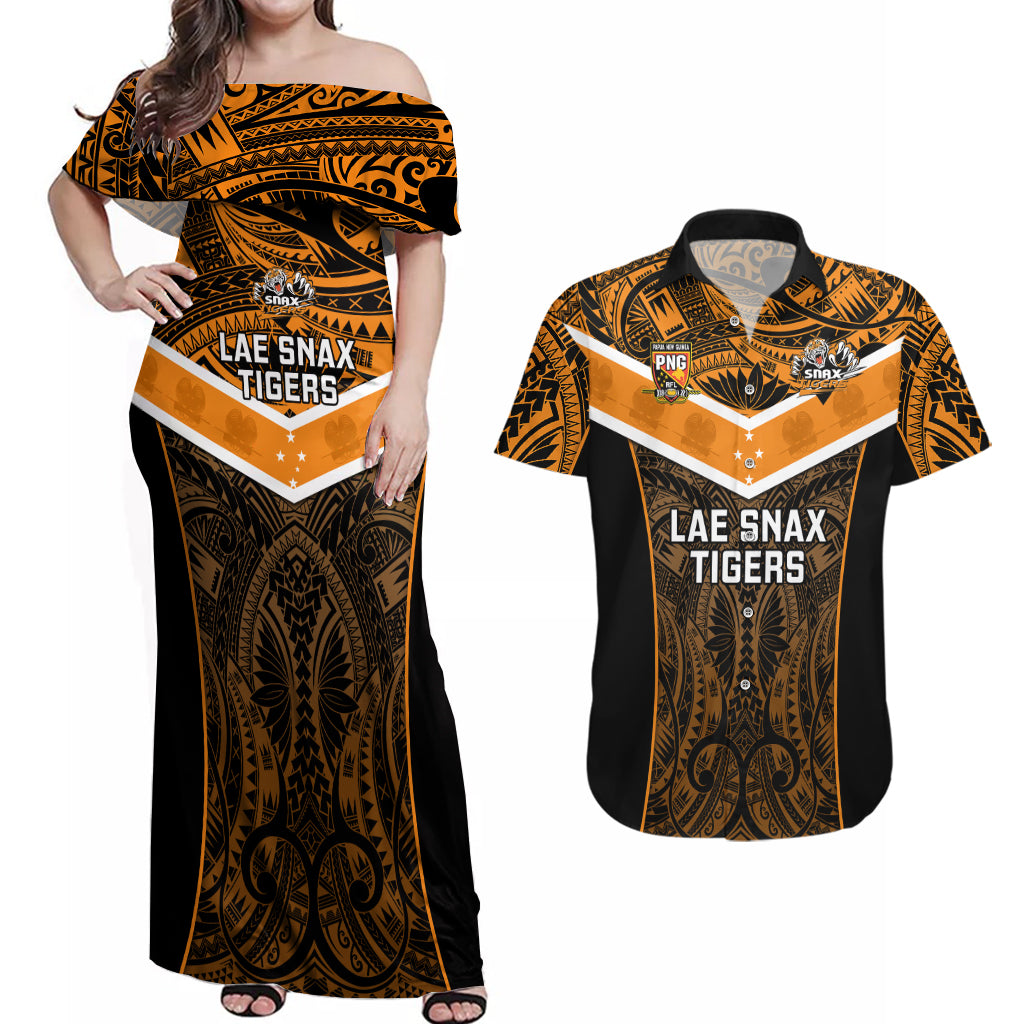 Custom Papua New Guinea Rugby Couples Matching Off Shoulder Maxi Dress and Hawaiian Shirt Lae Snax Tigers PNG Polynesian Pattern LT14 Orange - Polynesian Pride