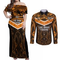 Custom Papua New Guinea Rugby Couples Matching Off Shoulder Maxi Dress and Long Sleeve Button Shirts Lae Snax Tigers PNG Polynesian Pattern LT14 Orange - Polynesian Pride