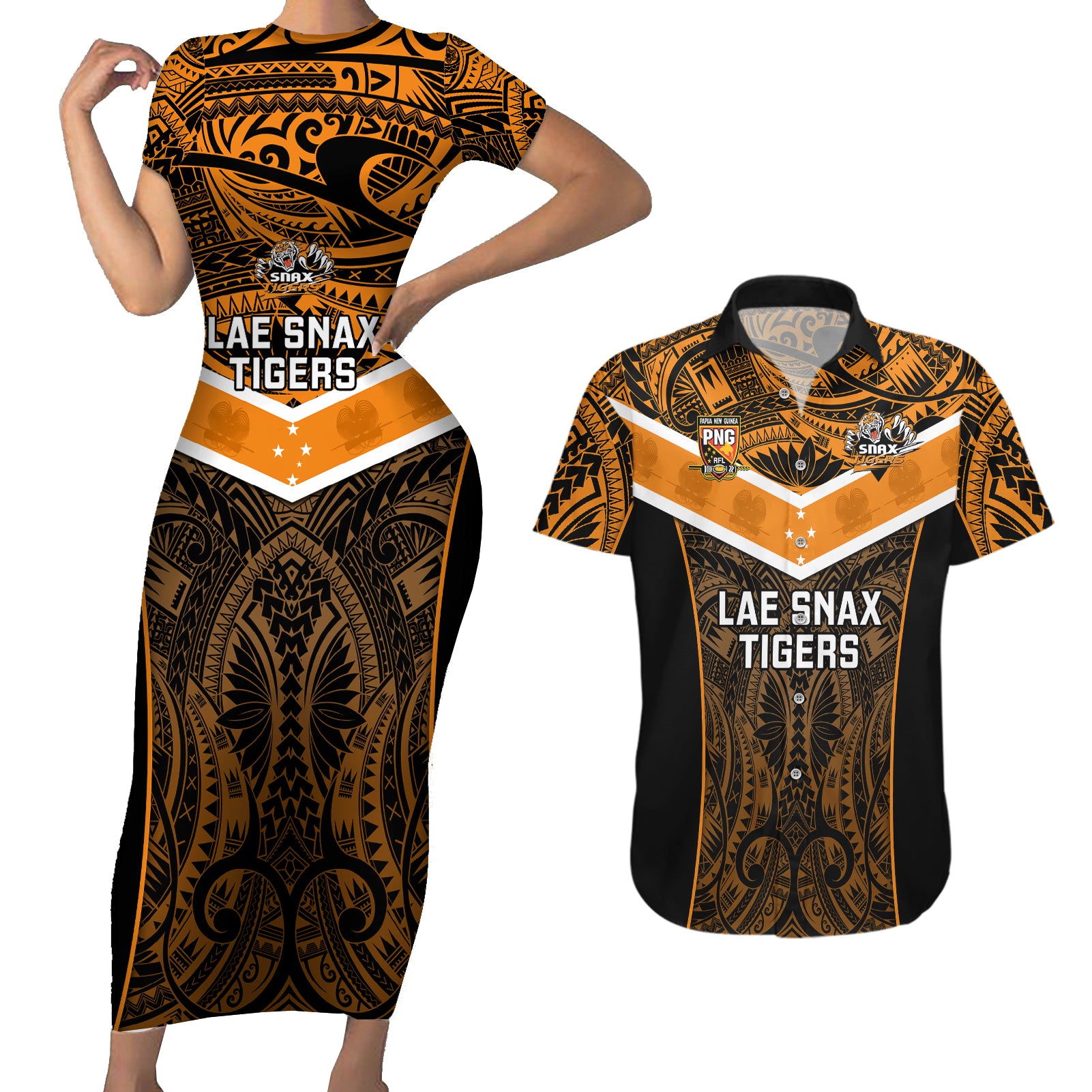 Custom Papua New Guinea Rugby Couples Matching Short Sleeve Bodycon Dress and Hawaiian Shirt Lae Snax Tigers PNG Polynesian Pattern LT14 Orange - Polynesian Pride