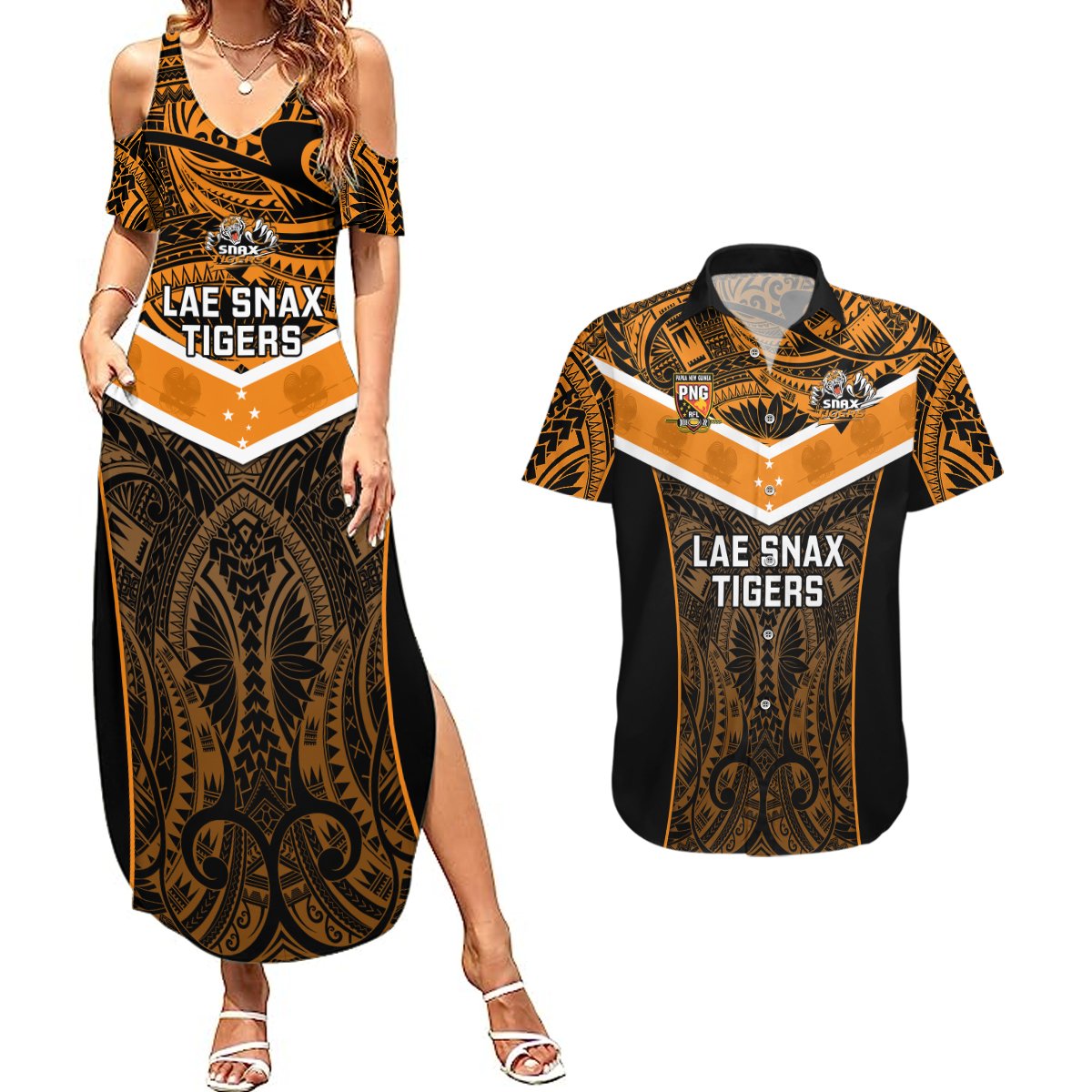 Custom Papua New Guinea Rugby Couples Matching Summer Maxi Dress and Hawaiian Shirt Lae Snax Tigers PNG Polynesian Pattern LT14 Orange - Polynesian Pride