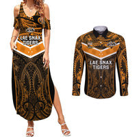 Custom Papua New Guinea Rugby Couples Matching Summer Maxi Dress and Long Sleeve Button Shirts Lae Snax Tigers PNG Polynesian Pattern LT14 Orange - Polynesian Pride