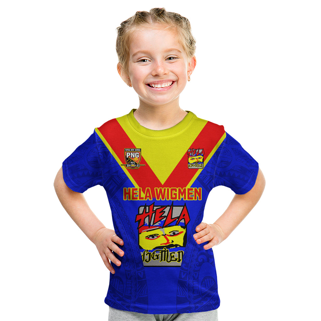 Papua New Guinea Rugby Kid T Shirt Hela Wigmen PNG Polynesian Pattern LT14 Blue - Polynesian Pride