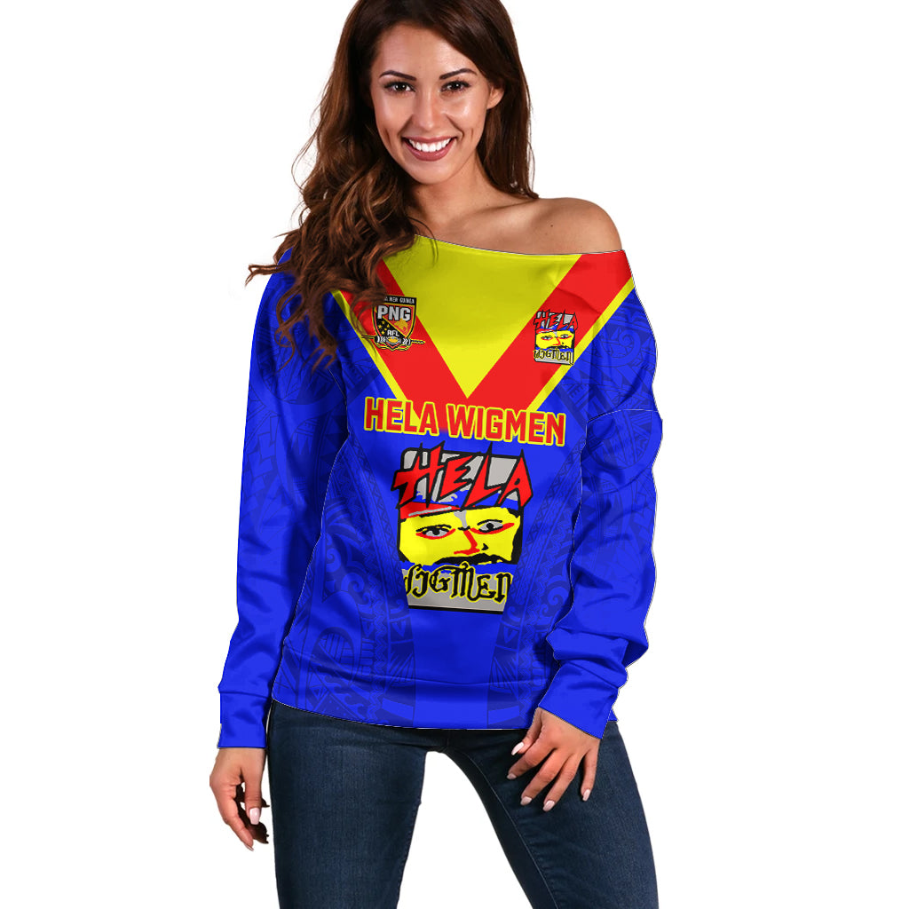 Papua New Guinea Rugby Off Shoulder Sweater Hela Wigmen PNG Polynesian Pattern LT14 Women Blue - Polynesian Pride
