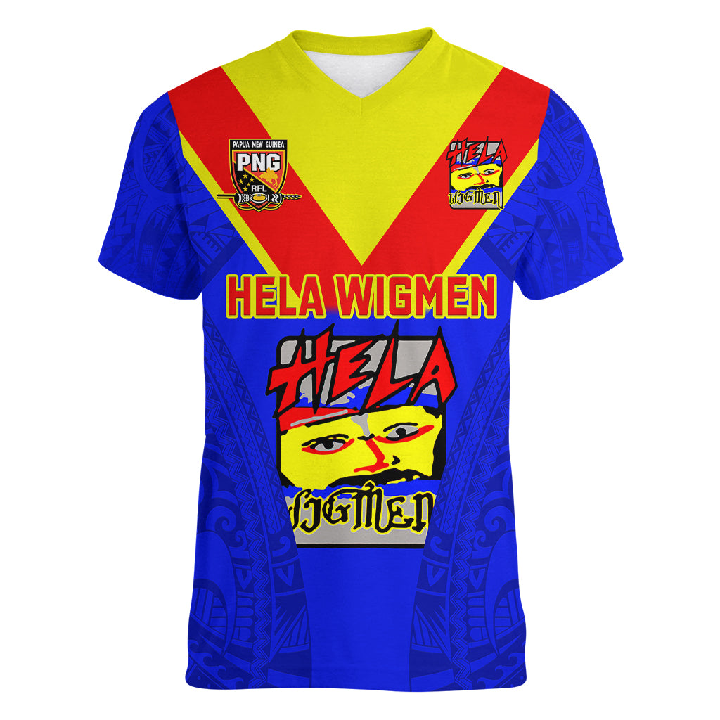 Papua New Guinea Rugby Women V Neck T Shirt Hela Wigmen PNG Polynesian Pattern LT14 Female Blue - Polynesian Pride