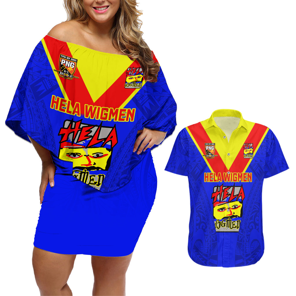 Custom Papua New Guinea Rugby Couples Matching Off Shoulder Short Dress and Hawaiian Shirt Hela Wigmen PNG Polynesian Pattern LT14 Blue - Polynesian Pride