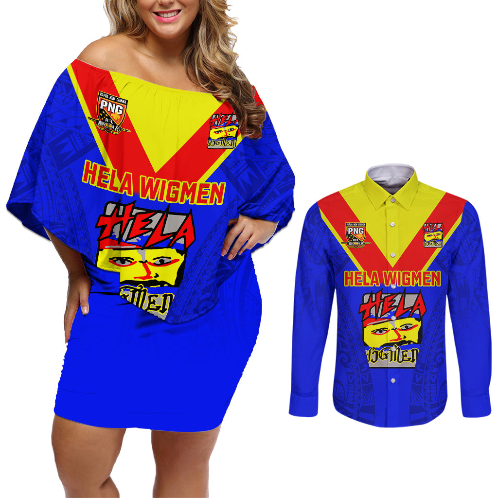 Custom Papua New Guinea Rugby Couples Matching Off Shoulder Short Dress and Long Sleeve Button Shirts Hela Wigmen PNG Polynesian Pattern LT14 Blue - Polynesian Pride
