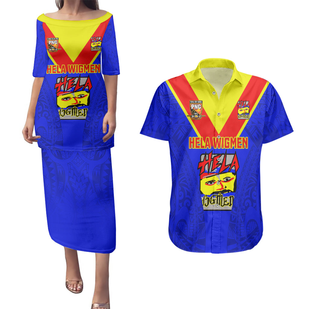 Custom Papua New Guinea Rugby Couples Matching Puletasi Dress and Hawaiian Shirt Hela Wigmen PNG Polynesian Pattern LT14 Blue - Polynesian Pride
