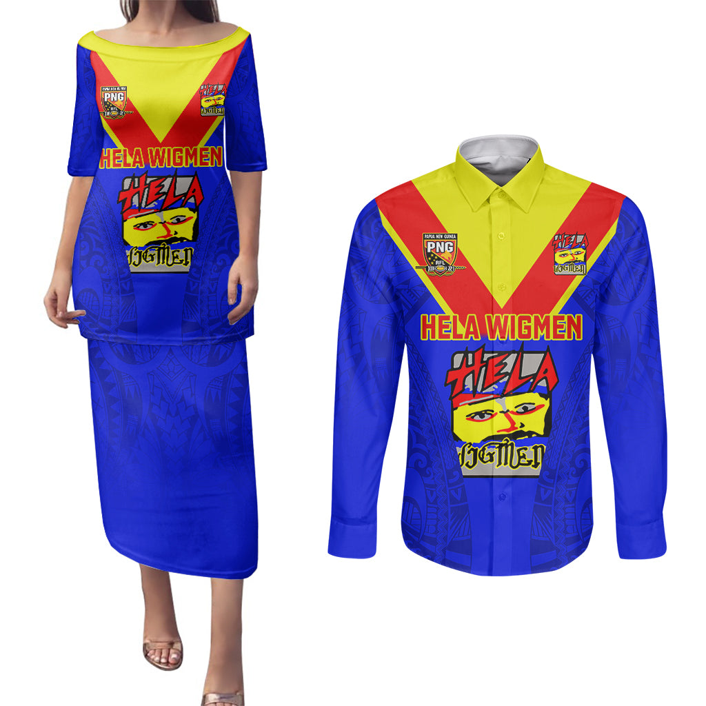Custom Papua New Guinea Rugby Couples Matching Puletasi Dress and Long Sleeve Button Shirts Hela Wigmen PNG Polynesian Pattern LT14 Blue - Polynesian Pride