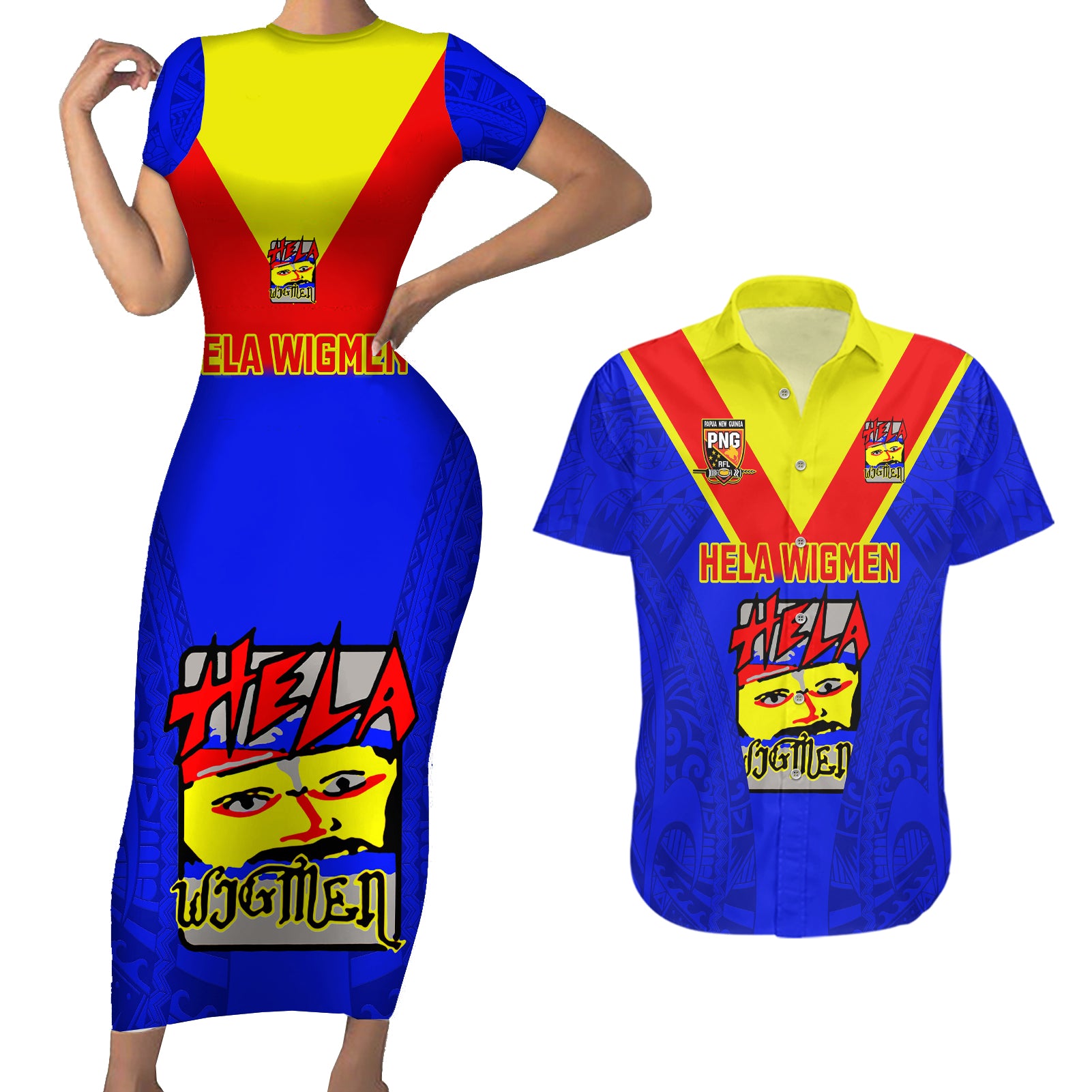 Custom Papua New Guinea Rugby Couples Matching Short Sleeve Bodycon Dress and Hawaiian Shirt Hela Wigmen PNG Polynesian Pattern LT14 Blue - Polynesian Pride