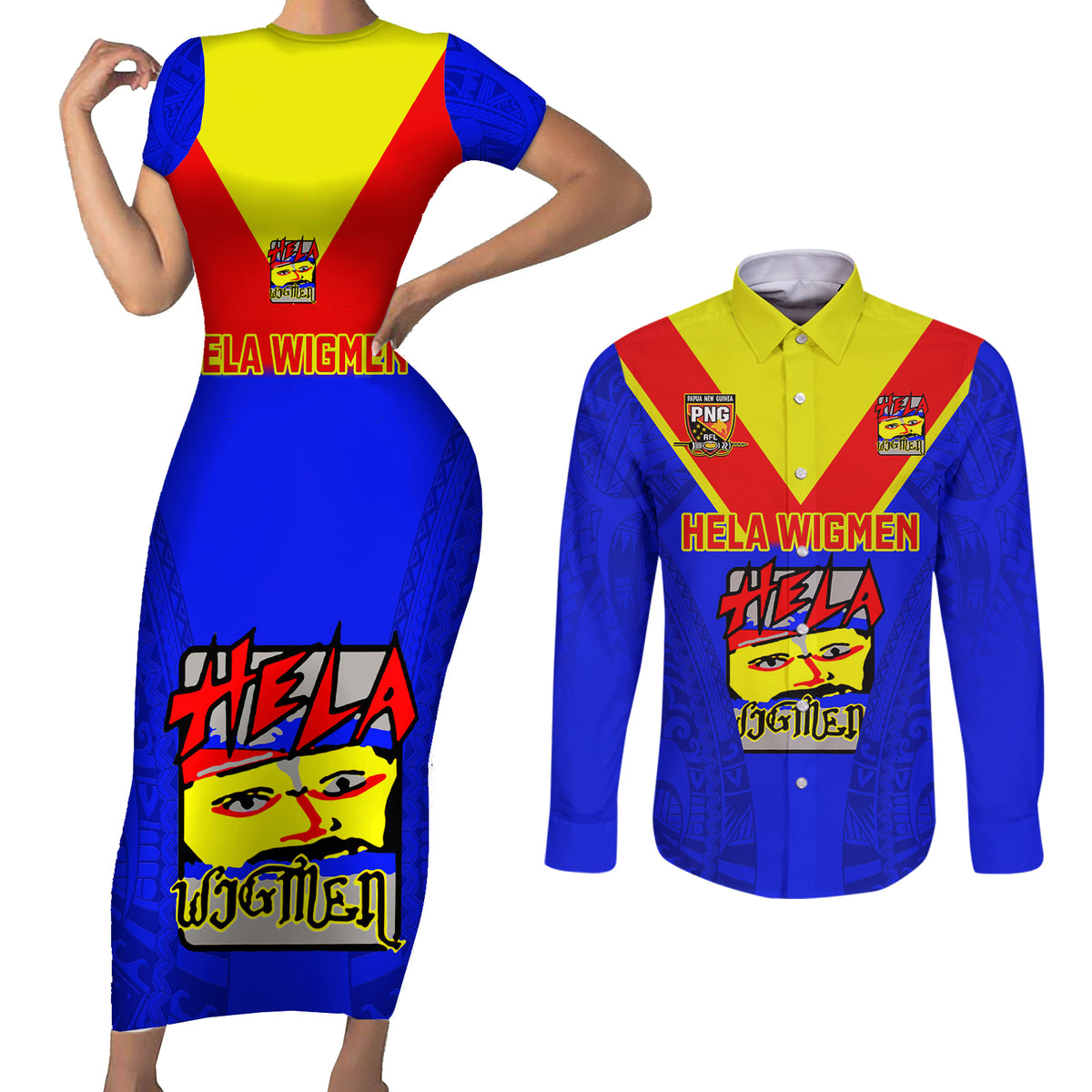 Custom Papua New Guinea Rugby Couples Matching Short Sleeve Bodycon Dress and Long Sleeve Button Shirts Hela Wigmen PNG Polynesian Pattern LT14 Blue - Polynesian Pride