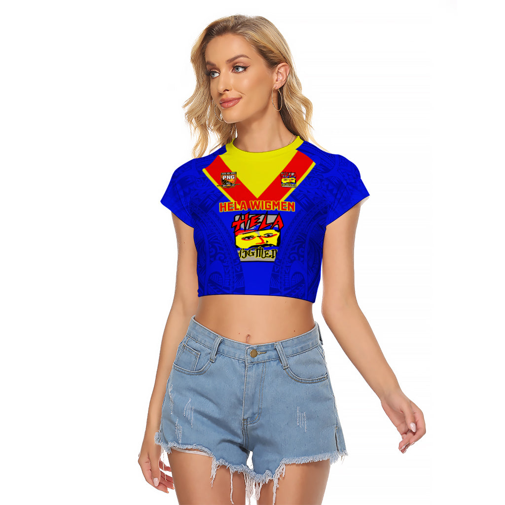 Custom Papua New Guinea Rugby Raglan Cropped T Shirt Hela Wigmen PNG Polynesian Pattern LT14 Female Blue - Polynesian Pride