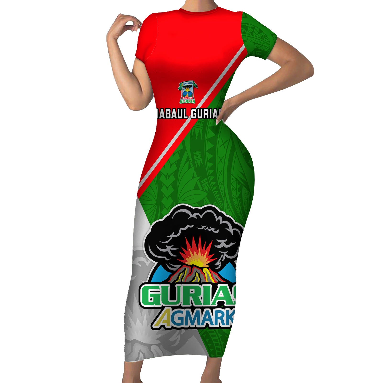 Papua New Guinea Rugby Short Sleeve Bodycon Dress Rabaul Gurias PNG Polynesian Pattern LT14 Long Dress Green - Polynesian Pride