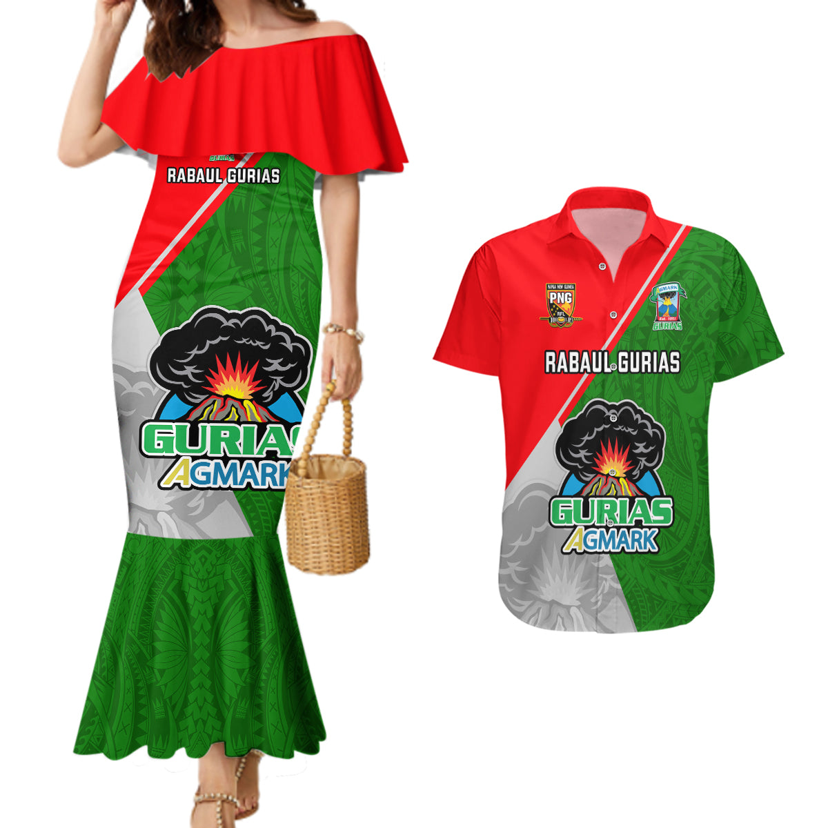 Custom Papua New Guinea Rugby Couples Matching Mermaid Dress And Hawaiian Shirt Rabaul Gurias PNG Polynesian Pattern LT14 Green - Polynesian Pride