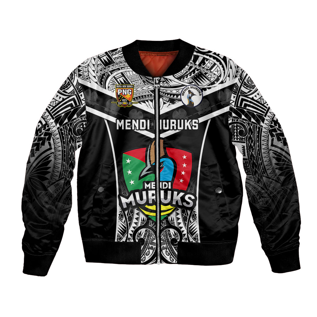 Papua New Guinea Rugby Bomber Jacket Mendi Muruks PNG Polynesian Pattern LT14 Unisex Black - Polynesian Pride