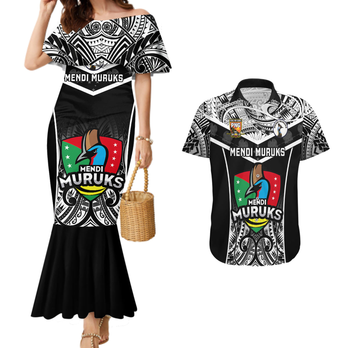 Papua New Guinea Rugby Couples Matching Mermaid Dress And Hawaiian Shirt Mendi Muruks PNG Polynesian Pattern LT14 Black - Polynesian Pride