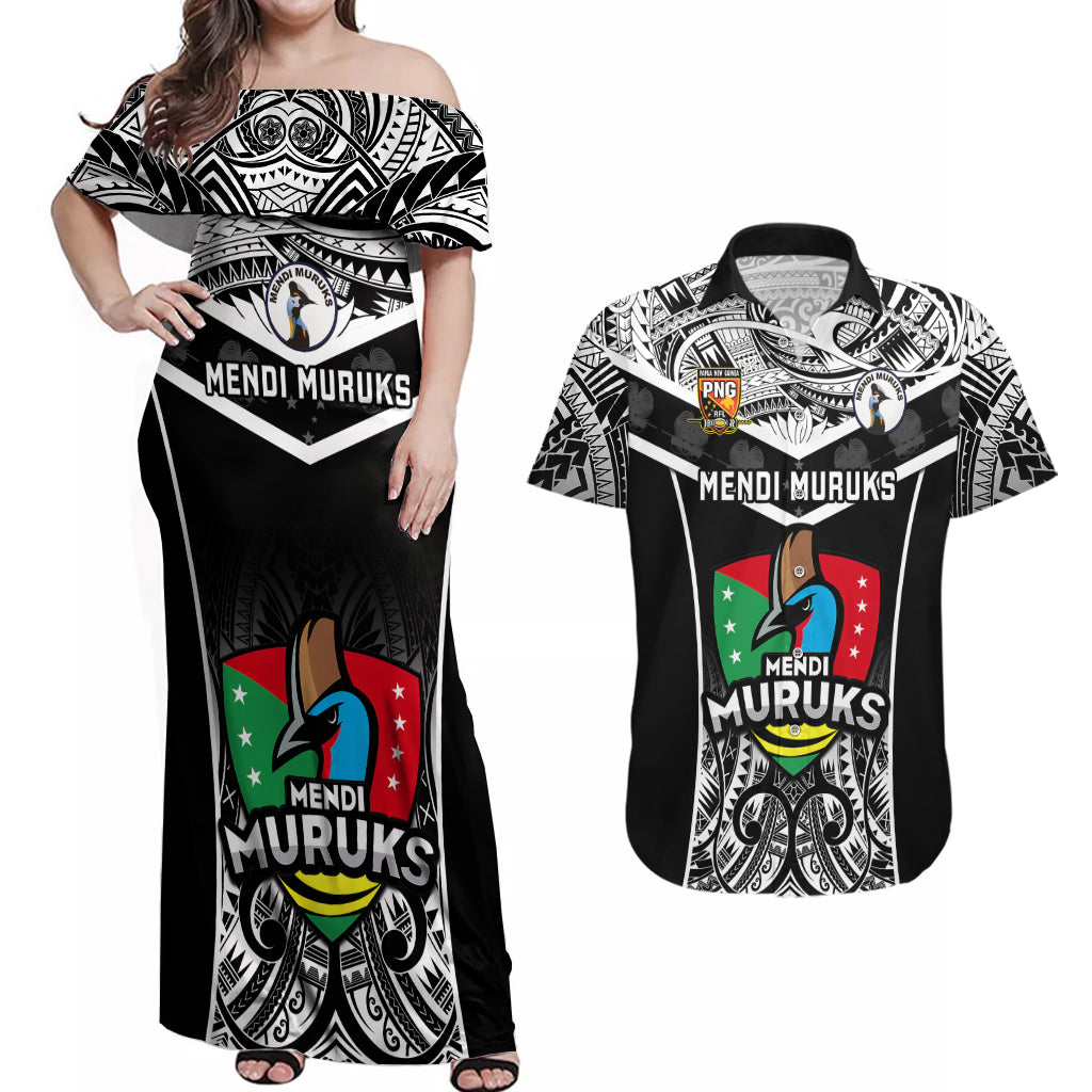 Papua New Guinea Rugby Couples Matching Off Shoulder Maxi Dress and Hawaiian Shirt Mendi Muruks PNG Polynesian Pattern LT14 Black - Polynesian Pride
