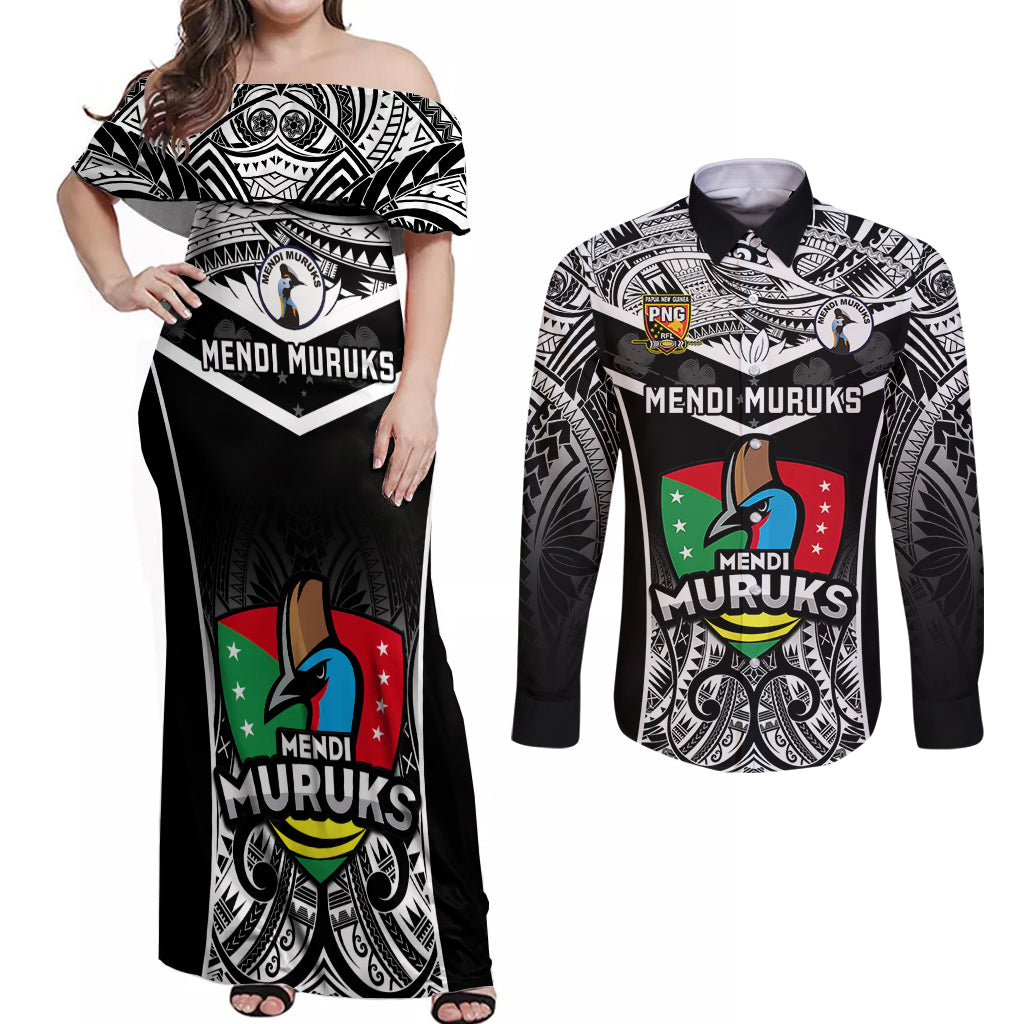 Papua New Guinea Rugby Couples Matching Off Shoulder Maxi Dress and Long Sleeve Button Shirts Mendi Muruks PNG Polynesian Pattern LT14 Black - Polynesian Pride