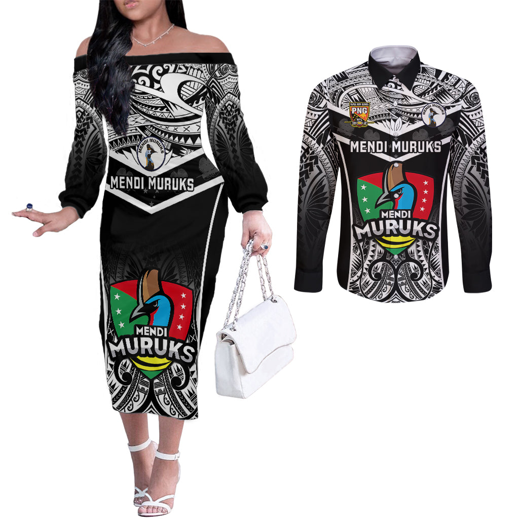Papua New Guinea Rugby Couples Matching Off The Shoulder Long Sleeve Dress and Long Sleeve Button Shirts Mendi Muruks PNG Polynesian Pattern LT14 Black - Polynesian Pride