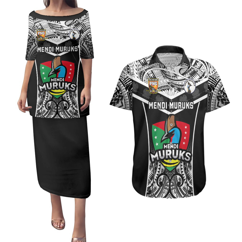 Papua New Guinea Rugby Couples Matching Puletasi Dress and Hawaiian Shirt Mendi Muruks PNG Polynesian Pattern LT14 Black - Polynesian Pride