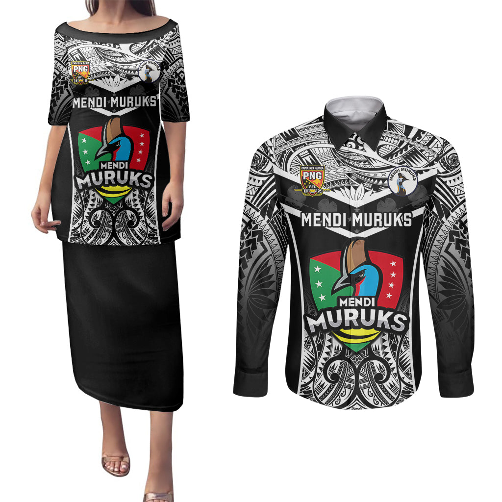 Papua New Guinea Rugby Couples Matching Puletasi Dress and Long Sleeve Button Shirts Mendi Muruks PNG Polynesian Pattern LT14 Black - Polynesian Pride