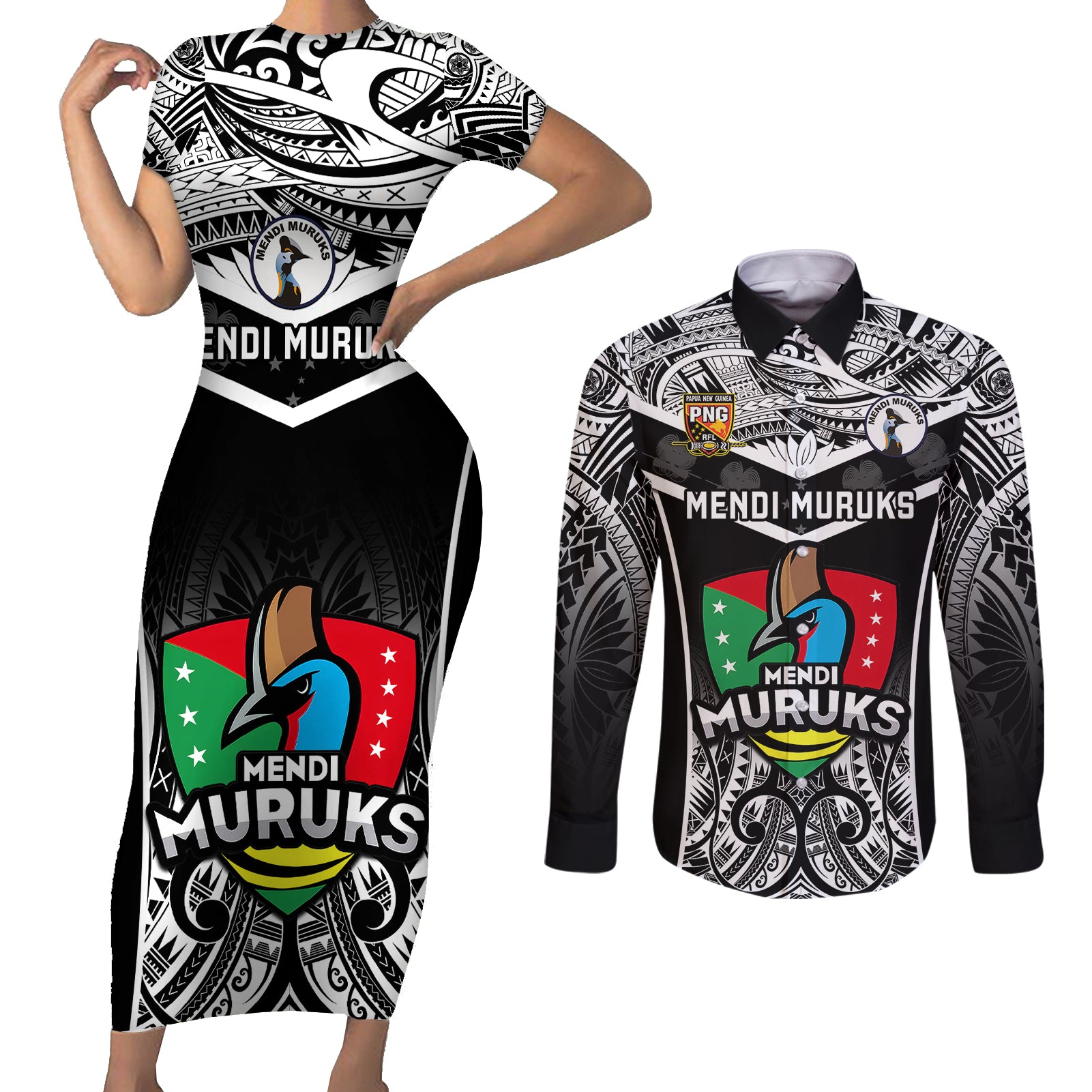 Papua New Guinea Rugby Couples Matching Short Sleeve Bodycon Dress and Long Sleeve Button Shirts Mendi Muruks PNG Polynesian Pattern LT14 Black - Polynesian Pride