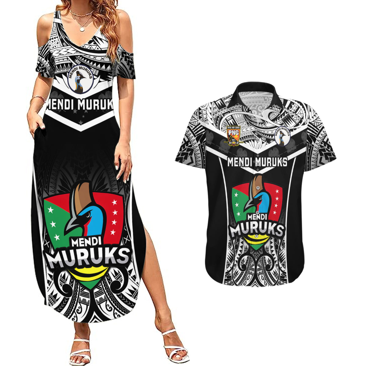 Papua New Guinea Rugby Couples Matching Summer Maxi Dress and Hawaiian Shirt Mendi Muruks PNG Polynesian Pattern LT14 Black - Polynesian Pride