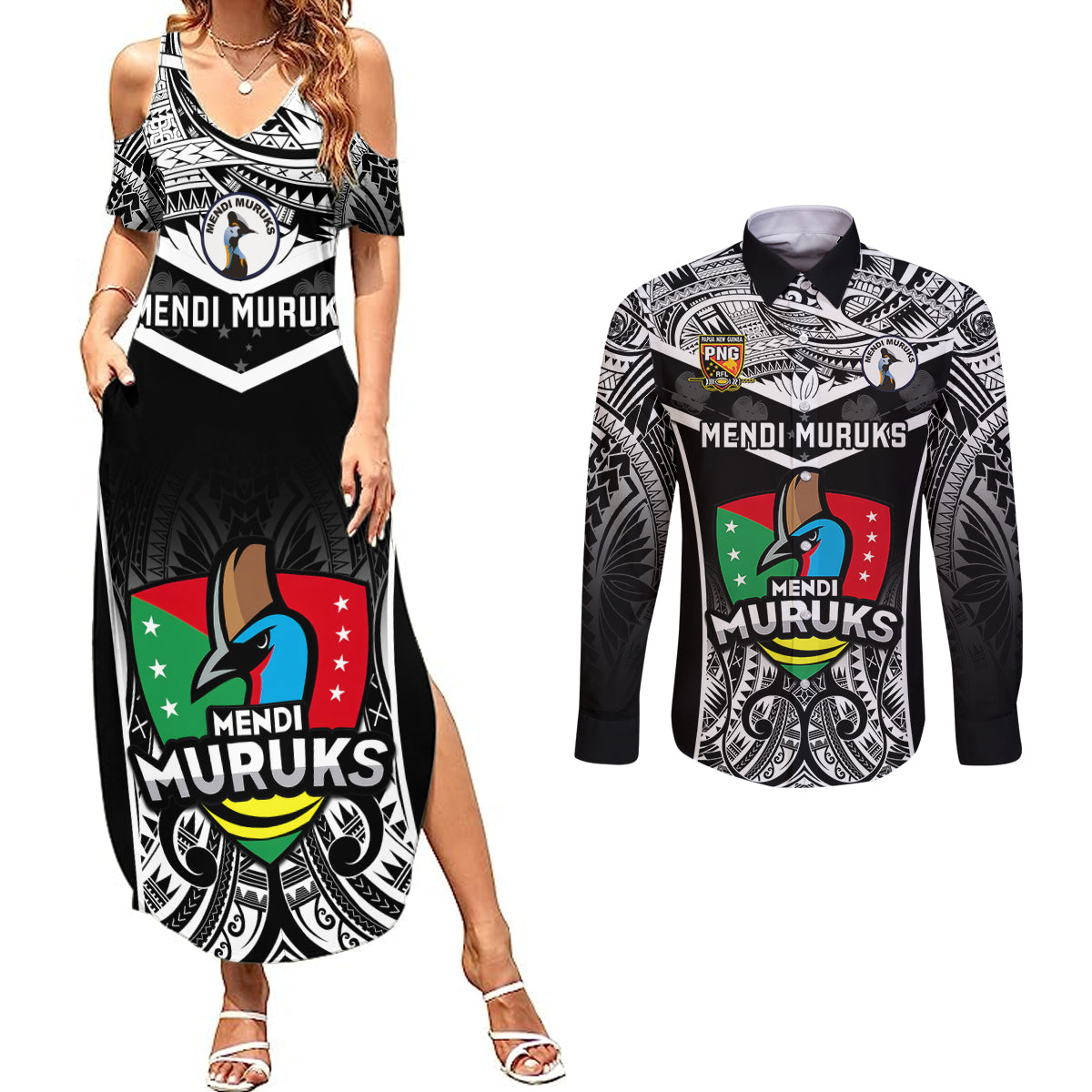 Papua New Guinea Rugby Couples Matching Summer Maxi Dress and Long Sleeve Button Shirts Mendi Muruks PNG Polynesian Pattern LT14 Black - Polynesian Pride