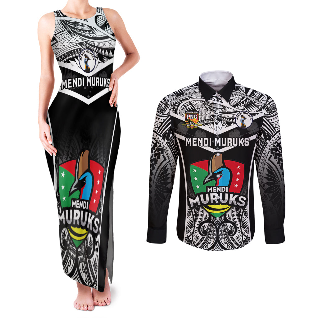 Papua New Guinea Rugby Couples Matching Tank Maxi Dress and Long Sleeve Button Shirts Mendi Muruks PNG Polynesian Pattern LT14 Black - Polynesian Pride