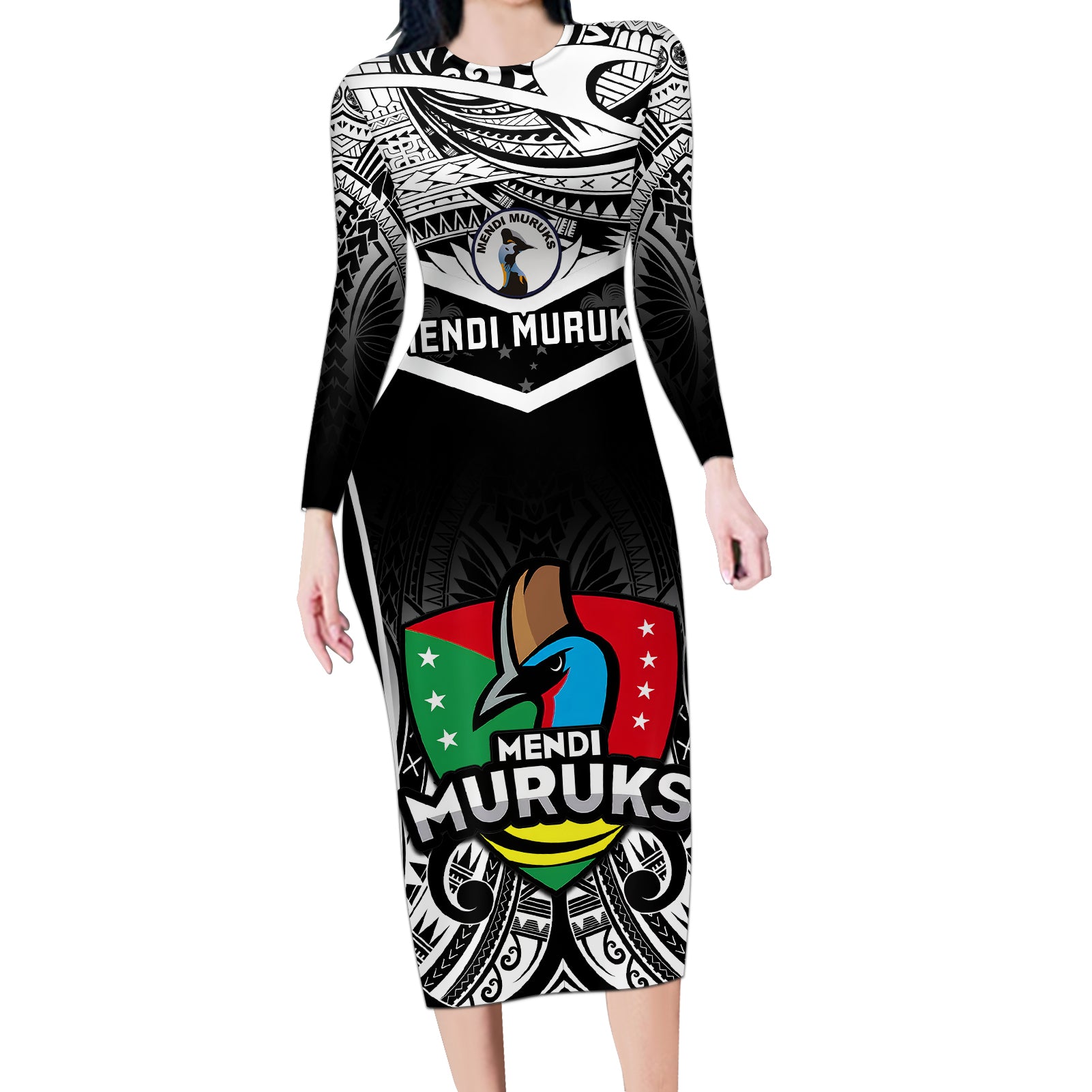 Papua New Guinea Rugby Long Sleeve Bodycon Dress Mendi Muruks PNG Polynesian Pattern LT14 Long Dress Black - Polynesian Pride