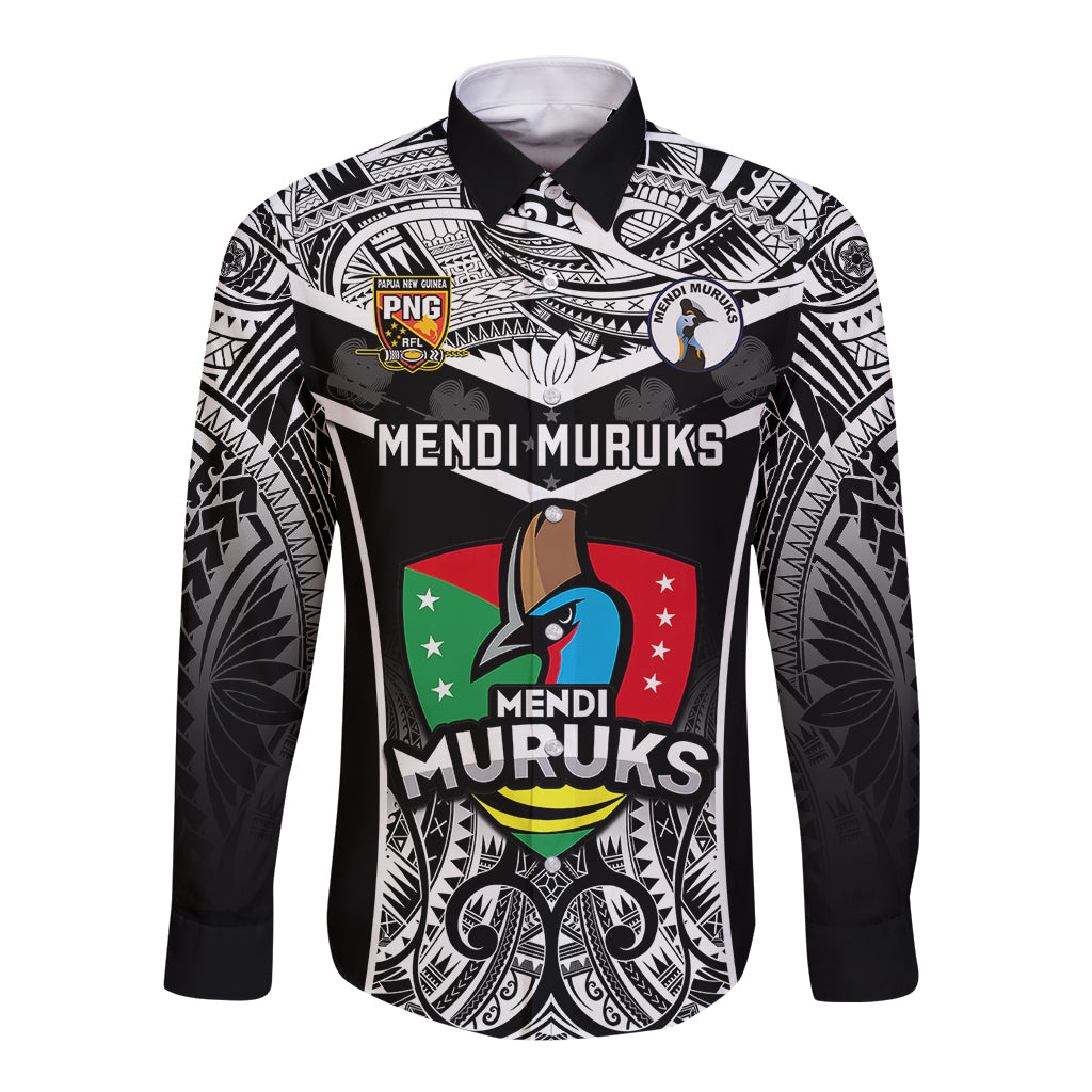 Papua New Guinea Rugby Long Sleeve Button Shirt Mendi Muruks PNG Polynesian Pattern LT14 Unisex Black - Polynesian Pride