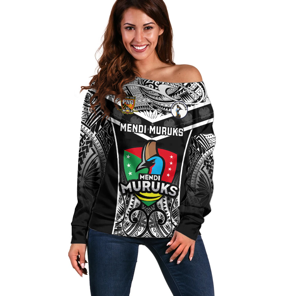 Papua New Guinea Rugby Off Shoulder Sweater Mendi Muruks PNG Polynesian Pattern LT14 Women Black - Polynesian Pride