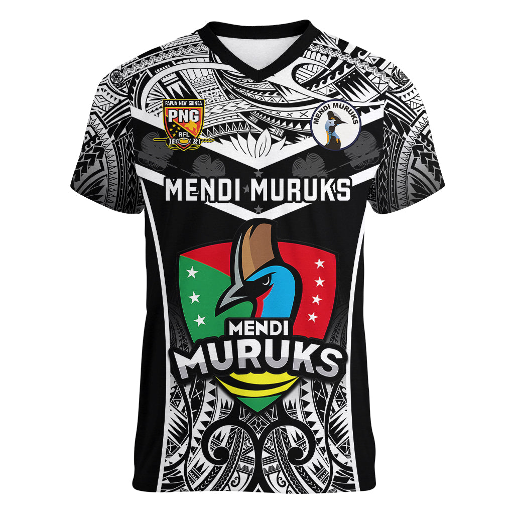 Papua New Guinea Rugby Women V Neck T Shirt Mendi Muruks PNG Polynesian Pattern LT14 Female Black - Polynesian Pride