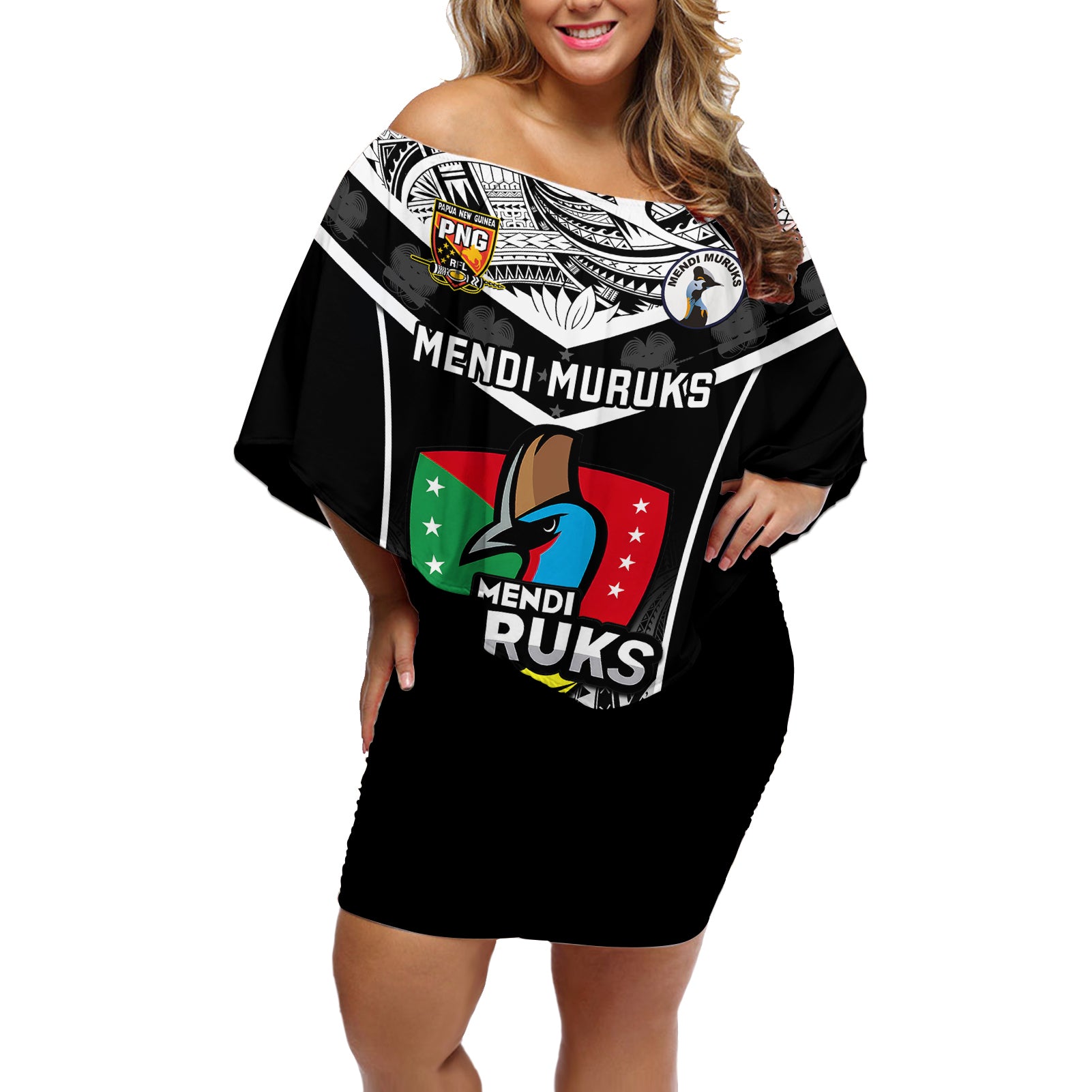 Custom Papua New Guinea Rugby Off Shoulder Short Dress Mendi Muruks PNG Polynesian Pattern LT14 Women Black - Polynesian Pride