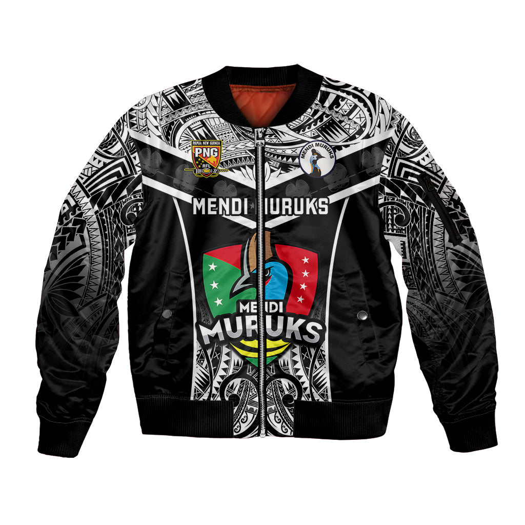 Custom Papua New Guinea Rugby Sleeve Zip Bomber Jacket Mendi Muruks PNG Polynesian Pattern LT14 Unisex Black - Polynesian Pride