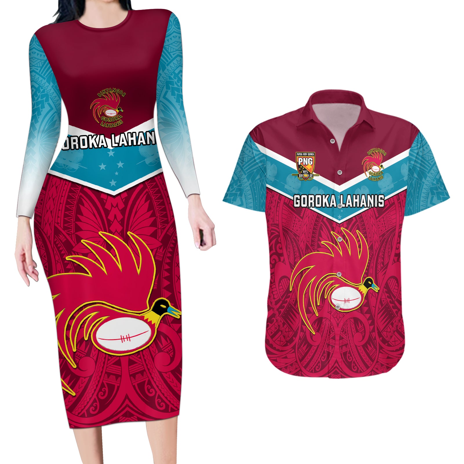 Papua New Guinea Rugby Couples Matching Long Sleeve Bodycon Dress and Hawaiian Shirt Goroka Lahanis PNG Polynesian Pattern LT14 Red - Polynesian Pride