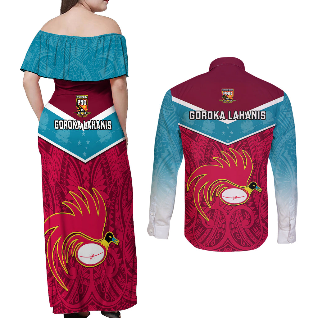 Papua New Guinea Rugby Couples Matching Off Shoulder Maxi Dress and Long Sleeve Button Shirts Goroka Lahanis PNG Polynesian Pattern LT14 - Polynesian Pride