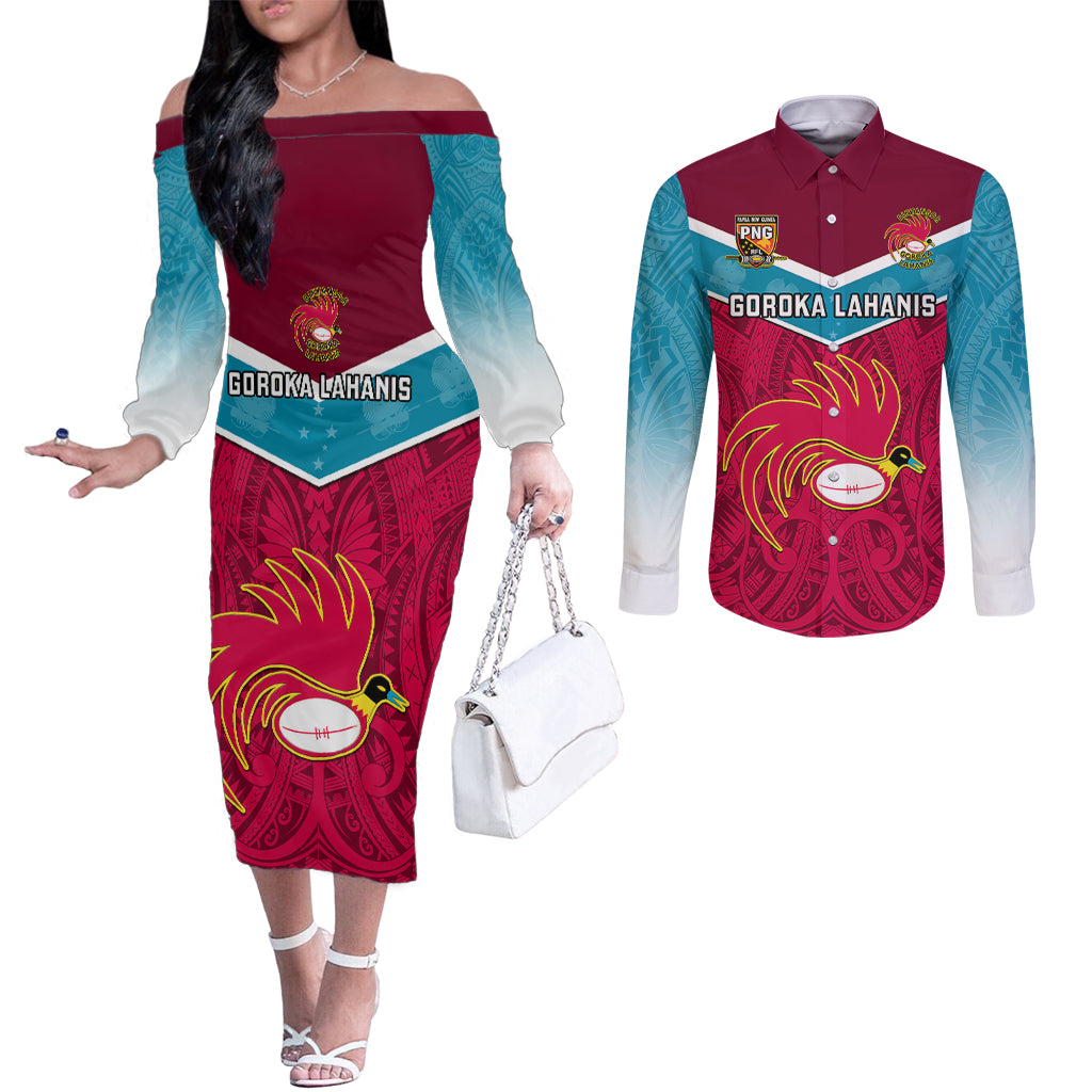 Papua New Guinea Rugby Couples Matching Off The Shoulder Long Sleeve Dress and Long Sleeve Button Shirts Goroka Lahanis PNG Polynesian Pattern LT14 Red - Polynesian Pride
