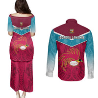 Papua New Guinea Rugby Couples Matching Puletasi Dress and Long Sleeve Button Shirts Goroka Lahanis PNG Polynesian Pattern LT14 - Polynesian Pride