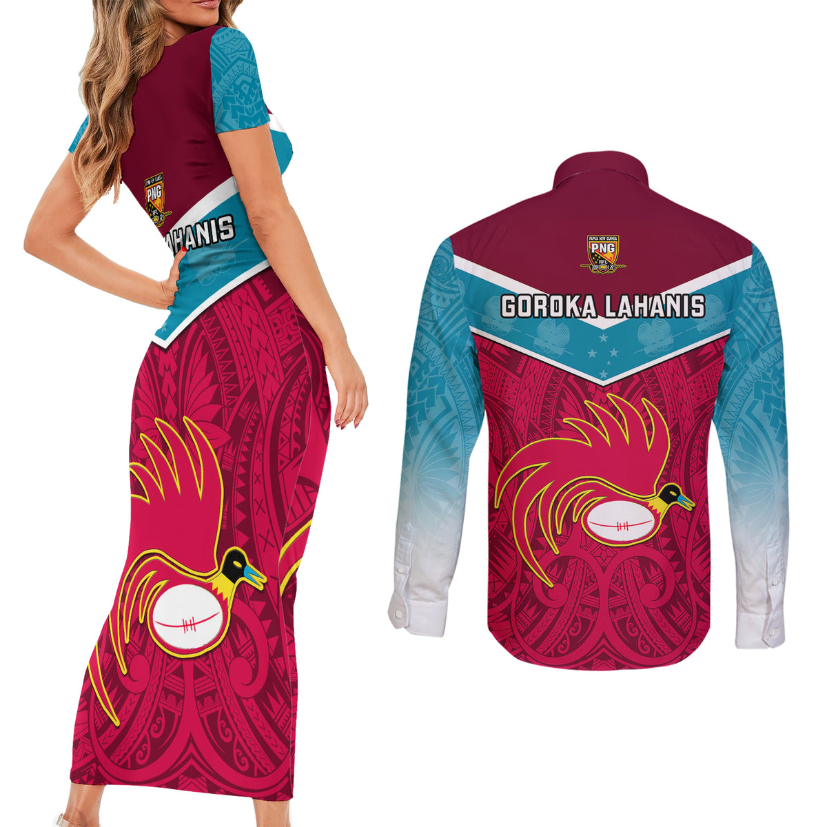 Papua New Guinea Rugby Couples Matching Short Sleeve Bodycon Dress and Long Sleeve Button Shirts Goroka Lahanis PNG Polynesian Pattern LT14 - Polynesian Pride