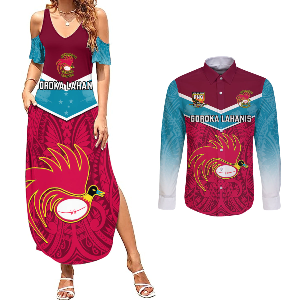 Papua New Guinea Rugby Couples Matching Summer Maxi Dress and Long Sleeve Button Shirts Goroka Lahanis PNG Polynesian Pattern LT14 Red - Polynesian Pride