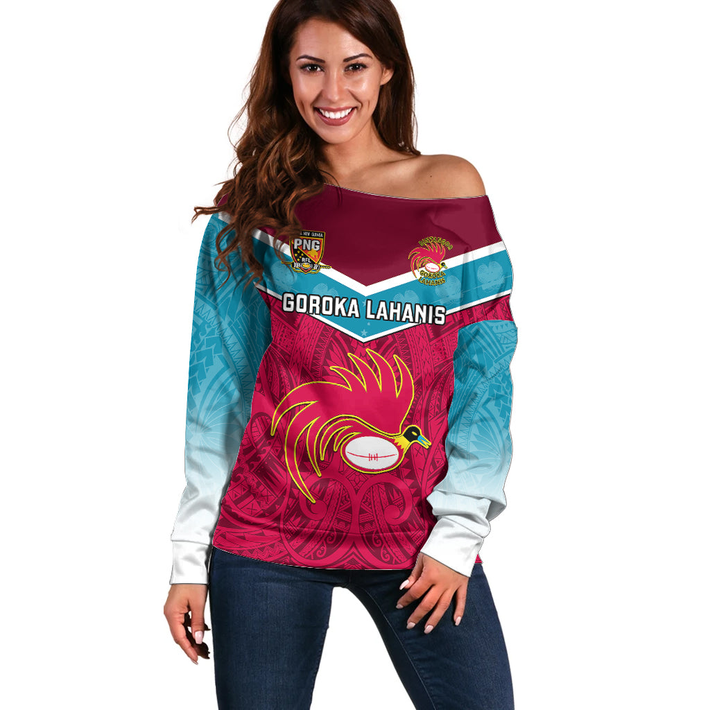 Papua New Guinea Rugby Off Shoulder Sweater Goroka Lahanis PNG Polynesian Pattern LT14 Women Red - Polynesian Pride